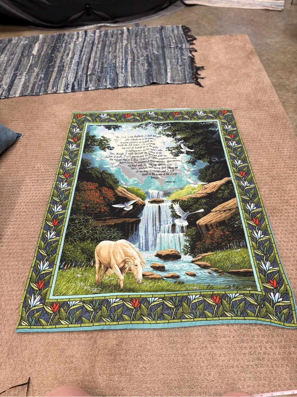 Hand Crafted Multicolor Waterfall Tapestry with Horse and Doves